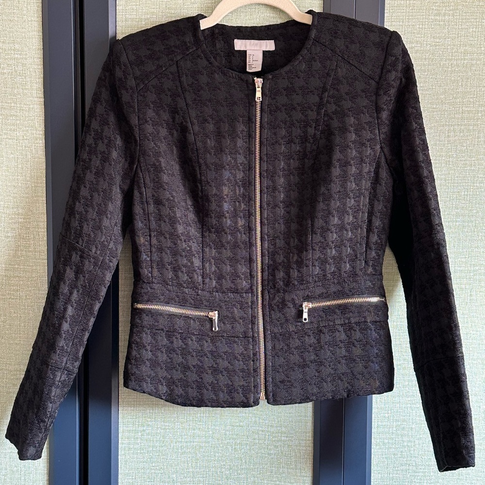 H&M Premium Classic Black Houndstooth Fitted Blazer Silver Hardware, NWOT Size 6